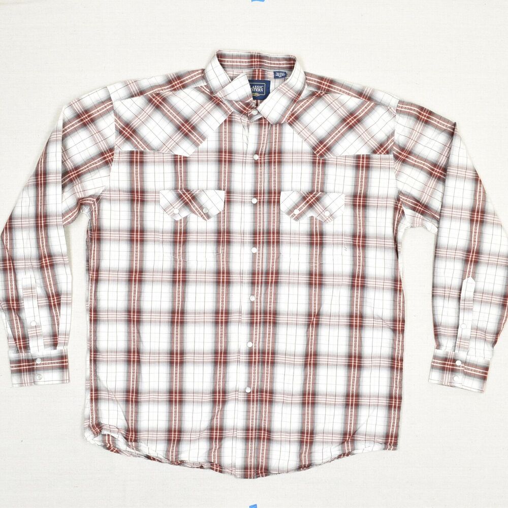 Classic Western Men's Cotton Red Size 2XL Pearl Snap Shirt Long Sleeve Plaid